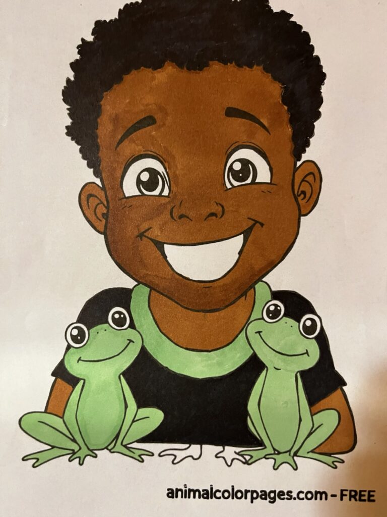 A joyful African American boy features a big smile and very short, curly white hair. He has striking white eyes that convey a sense of wonder. The boy is interacting with a friendly, cartoonish frog that sits beside him, adding a whimsical touch to the scene. The background is plain and open, emphasizing the connection between the boy and the frog.