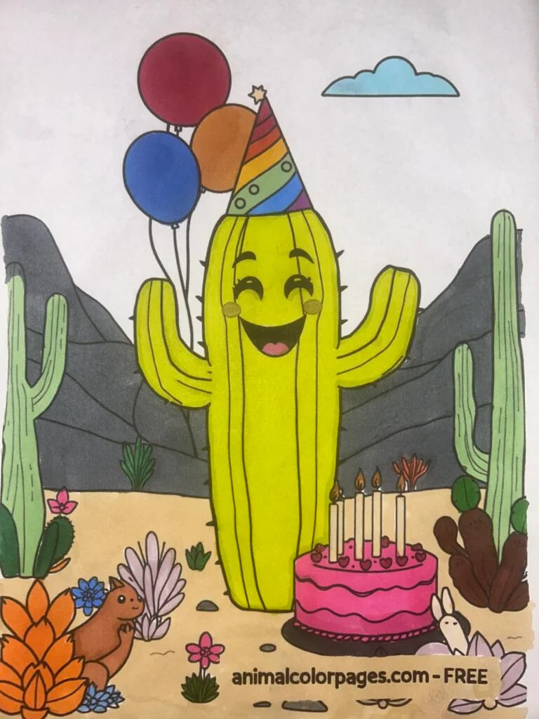 Cactus coloring page cartoon cactus holding a ballon wearing a party hat happy birthday