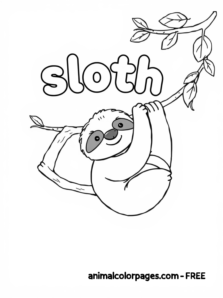 Coloring page of a a black and white sloth smiling hanging from the tree