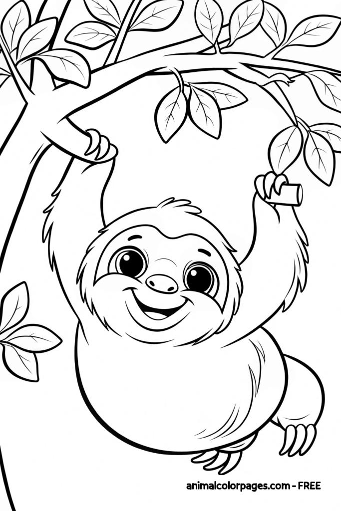 Sloth coloring page hanging form a tree simple easy to color