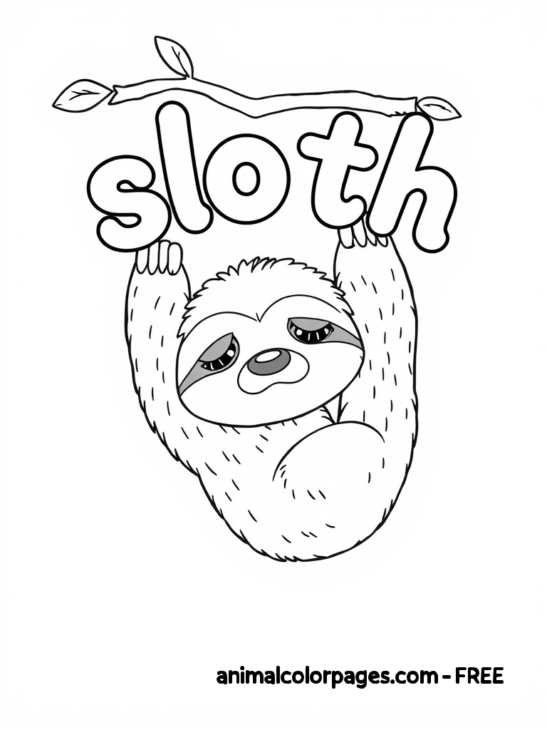 Sad sloth hanging from the tree coloring page