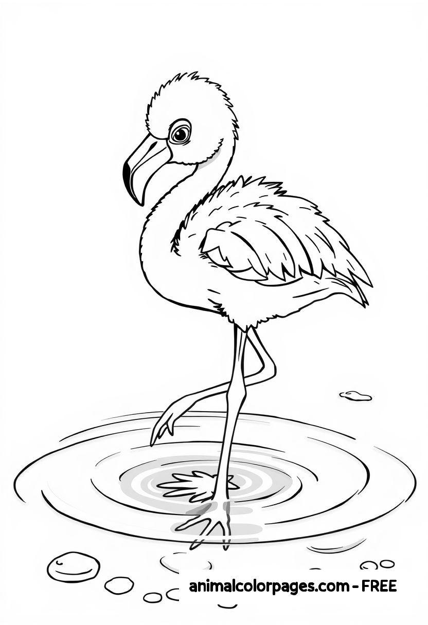 Baby flamingo and mother flamingo standing in a flower patch