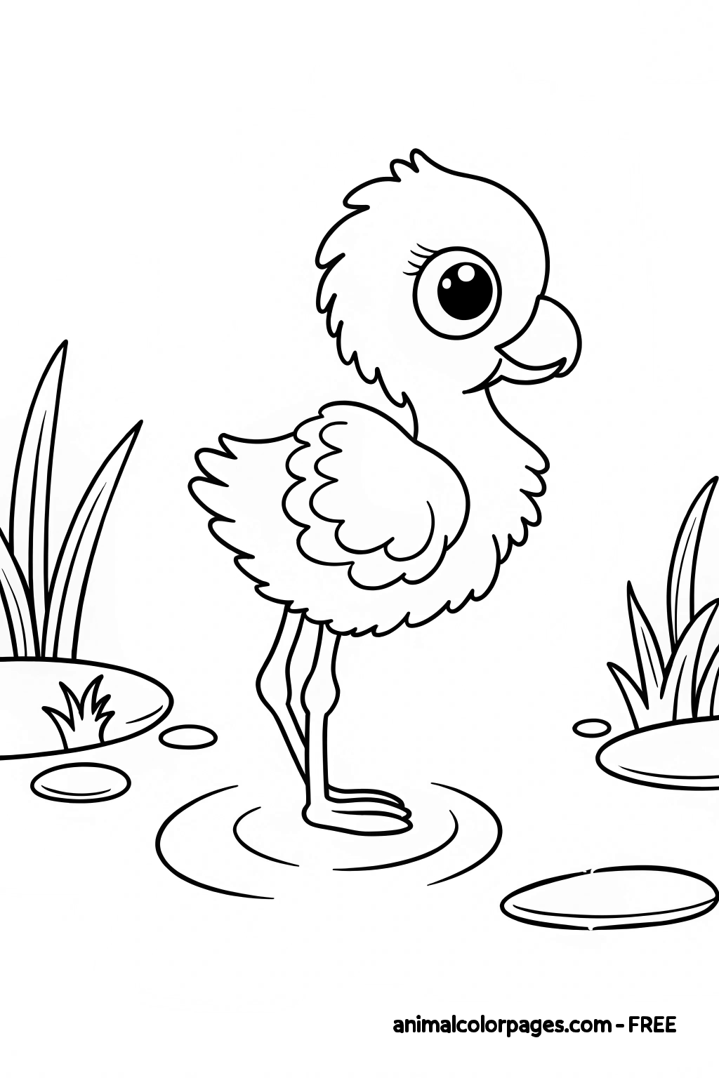 Pretty baby flamingo with long eyelashes standing tall near flowers
