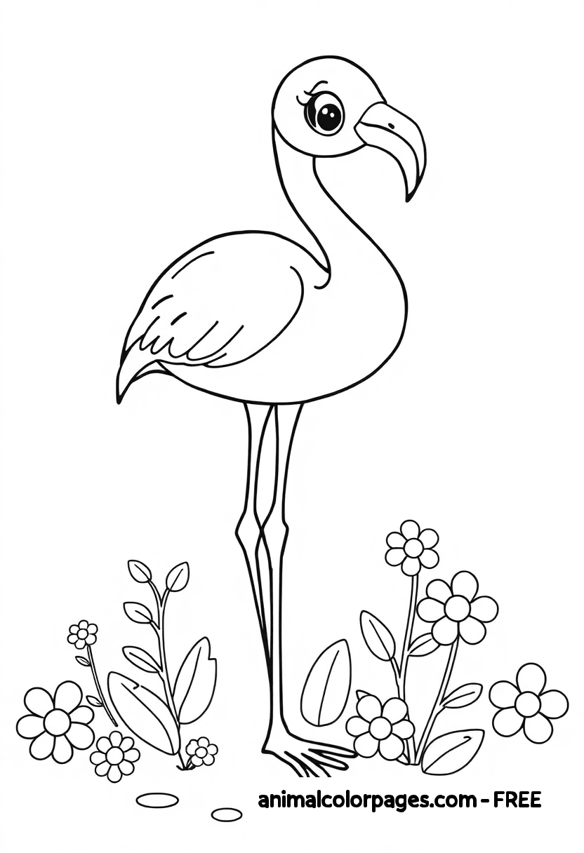 Happy cartoon flamingo with big eyes flying through clouds
