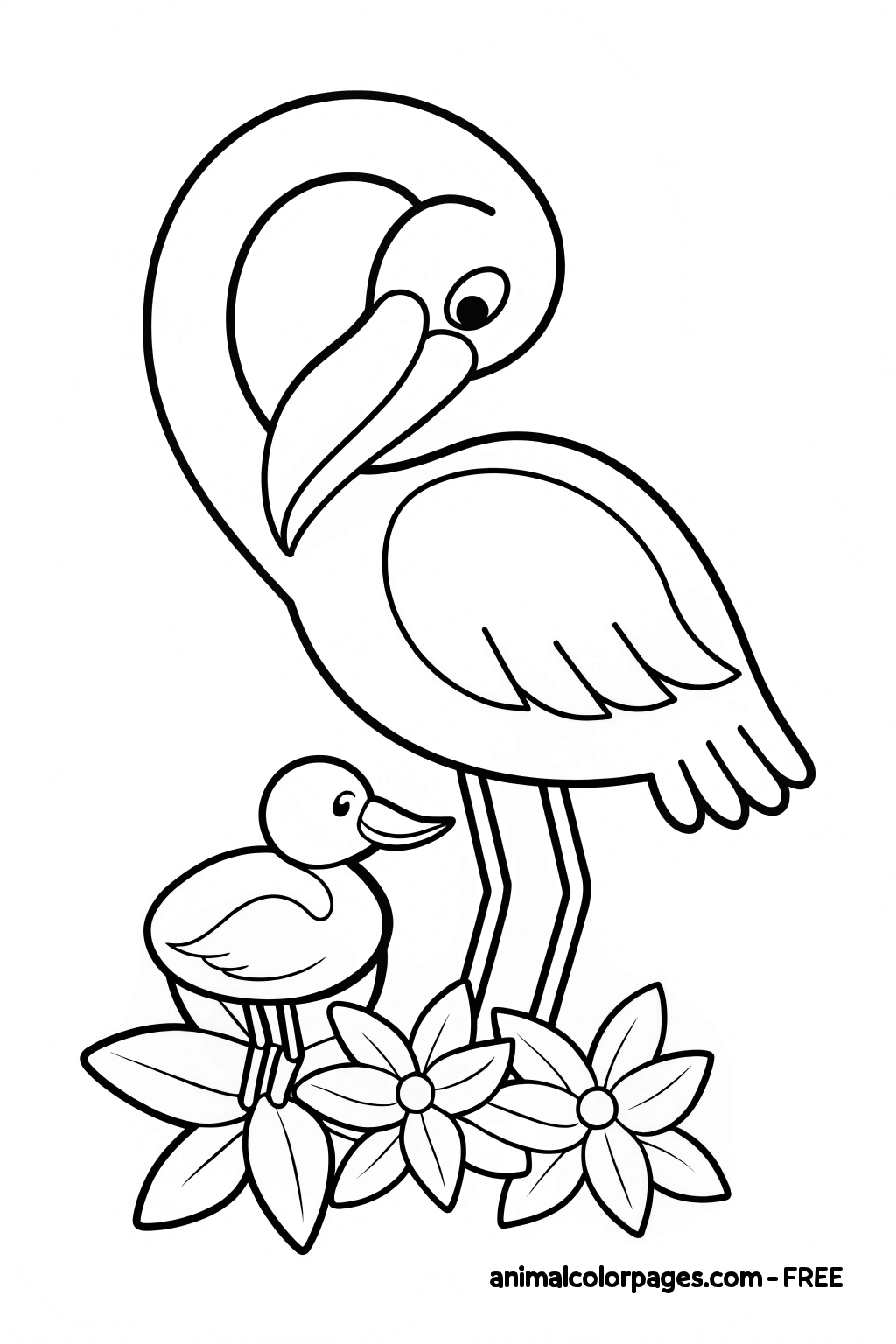 Cartoon flamingo smiling and standing on one leg