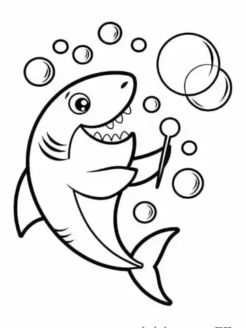 This is an image of a sharp blowing bubbles coloring page. The shark is in black and white, and there are bubbles around the shark one