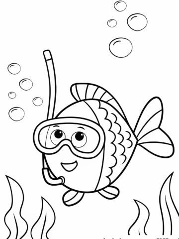 A fish wearing a snorkel and mask (Silly and fun for kids, open white space around it)Coloring page free to print